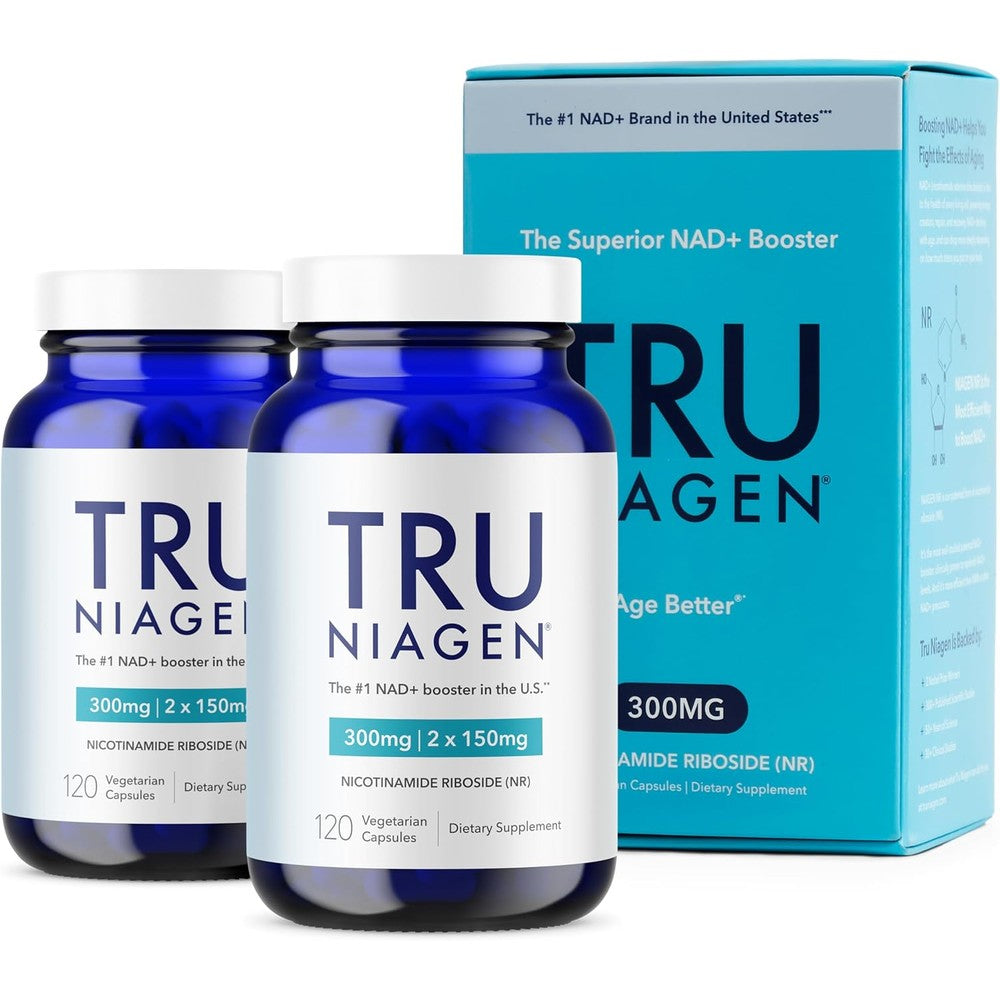 Tru Niagen Patented NAD Supplement two bottle pack front view showing blue containers