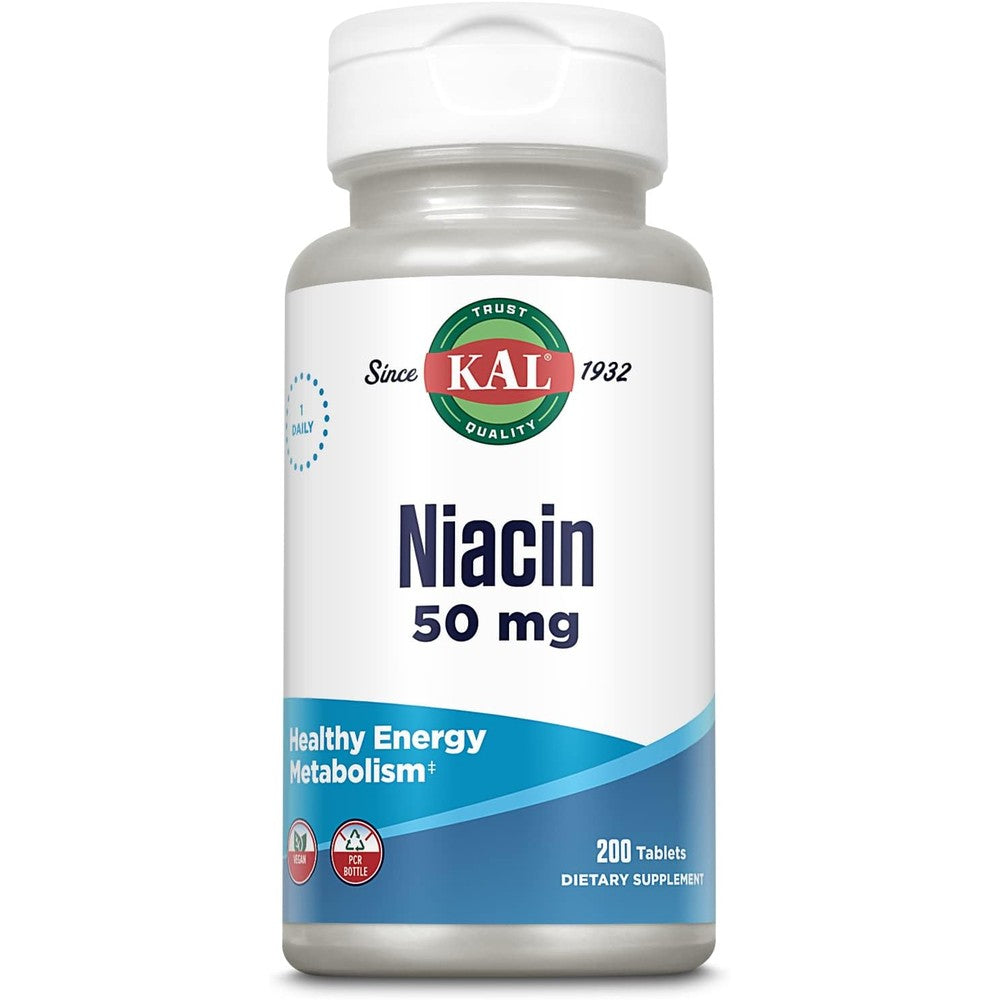 KAL Niacin Vitamin B3 50 mg supplement front bottle view for energy metabolism