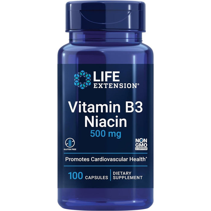 Life Extension Vitamin B3 Niacin 500 Milligrams front view bottle for cholesterol support