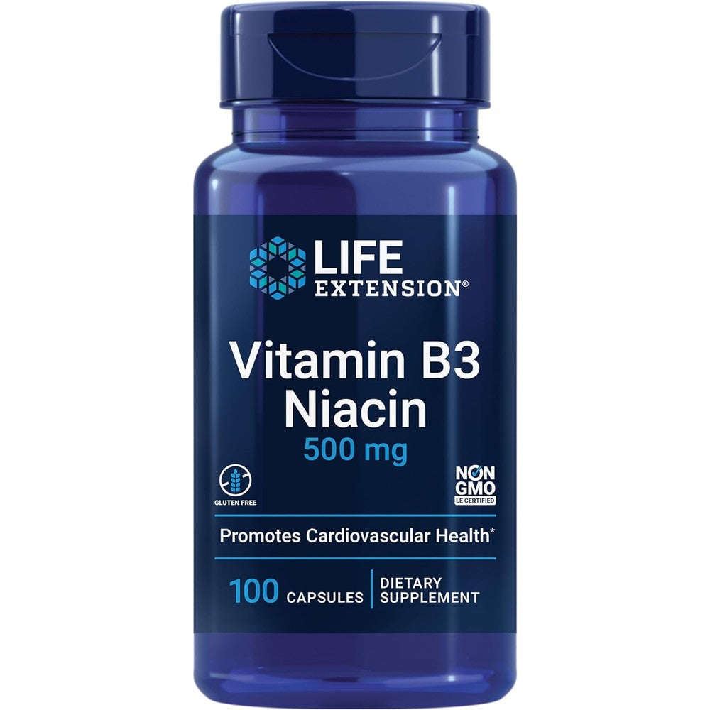 Life Extension Vitamin B3 Niacin 500 Milligrams front view bottle for cholesterol support