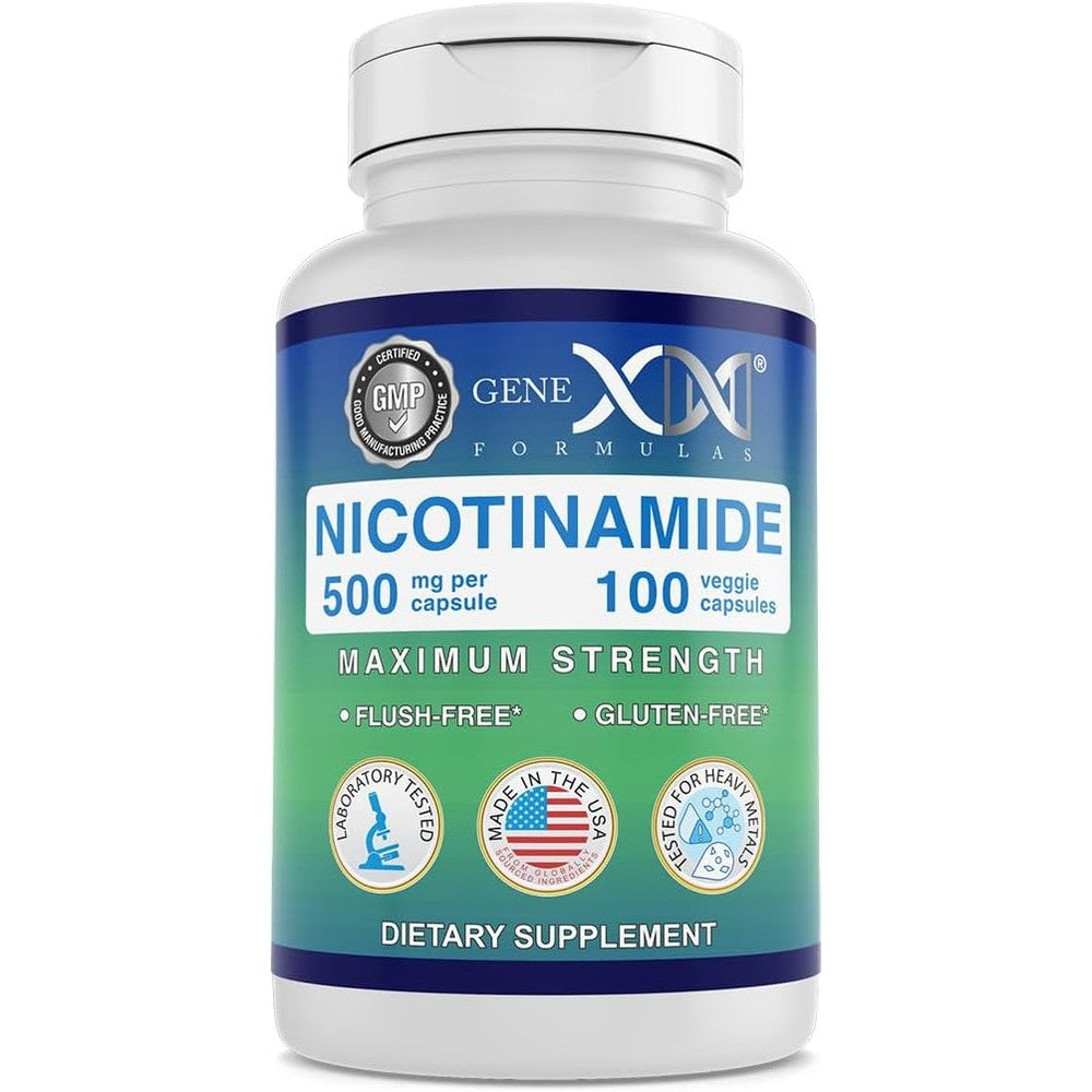Genex Formulas Nicotinamide 500mg 100 capsules front view bottle showing premium vitamin b3 supplement