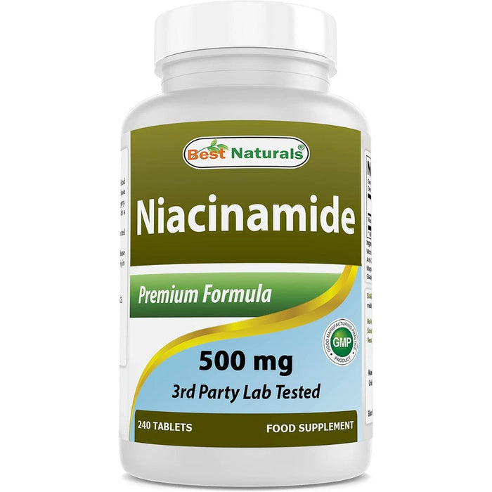 Best Naturals Niacinamide 500mg 240 tablets bottle front view showcasing authentic Vitamin B3 supplement packaging
