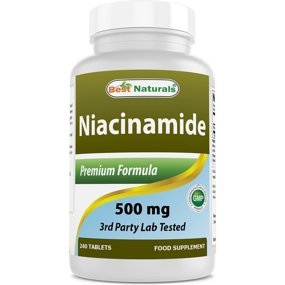 Best Naturals Niacinamide 500mg 240 tablets bottle front view showcasing authentic Vitamin B3 supplement packaging
