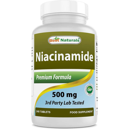 Best Naturals Niacinamide 500mg 240 tablets bottle front view showcasing authentic Vitamin B3 supplement packaging