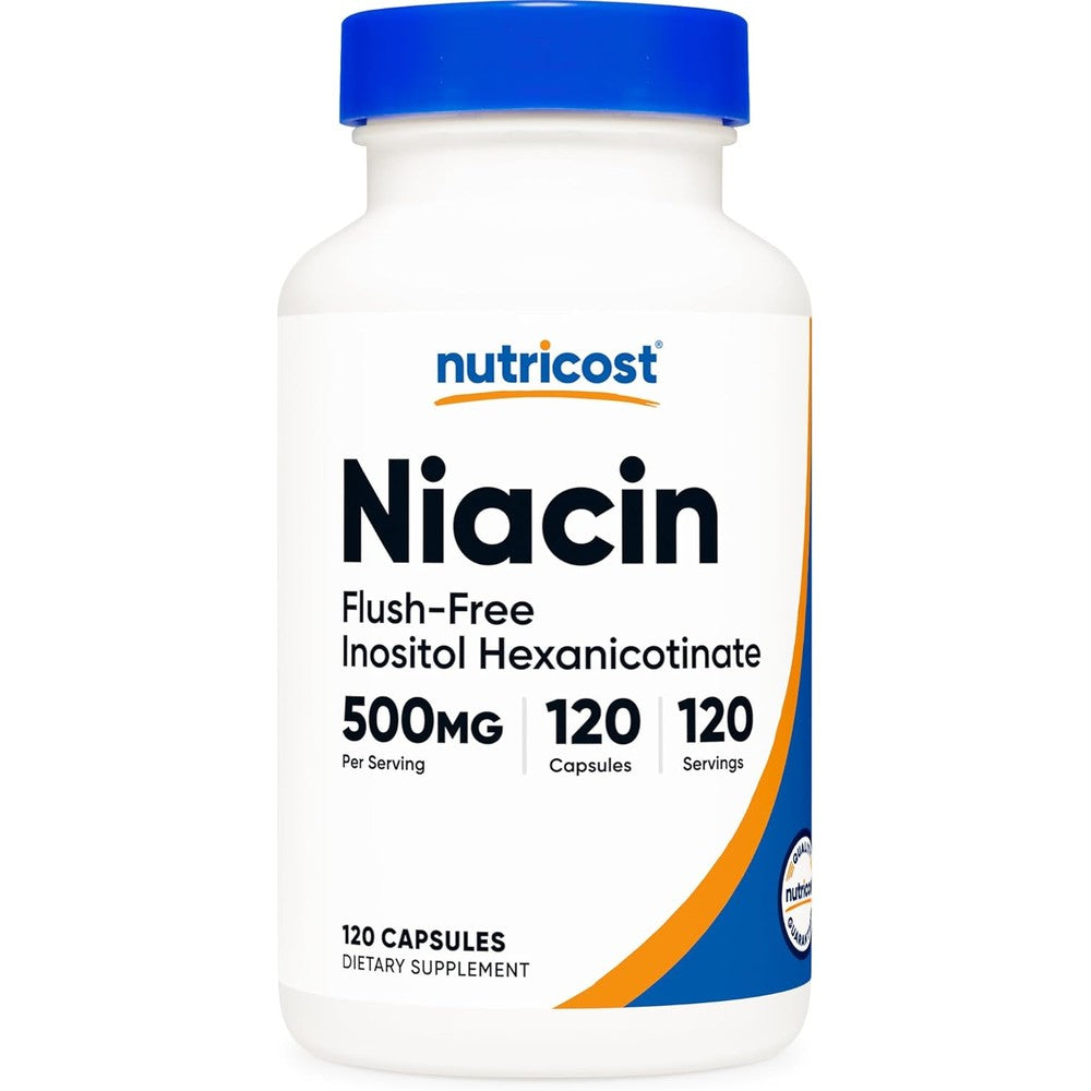 Nutricost Niacin Flush Free 500mg 120 Capsules front view dietary supplement for heart health
