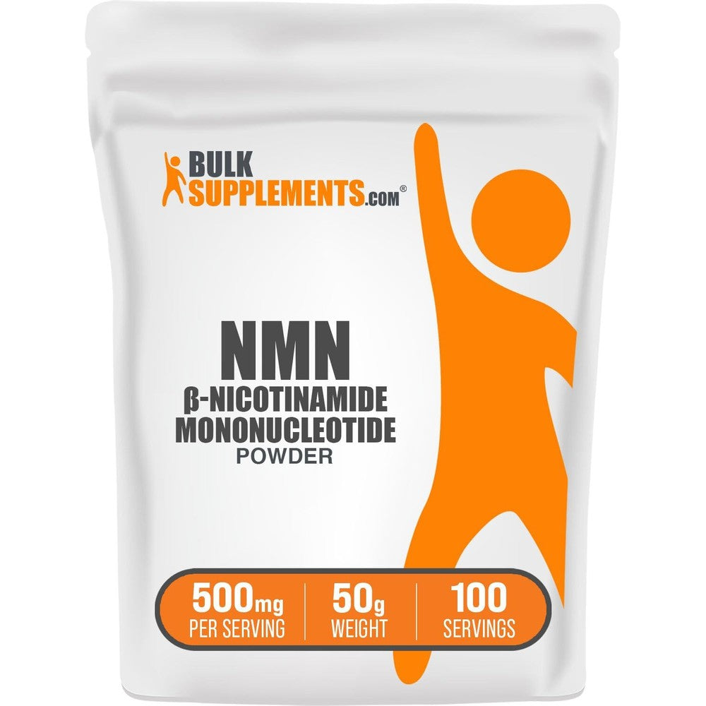 BulkSupplements Nicotinamide Mononucleotide NMN Powder 50 Grams front packaging view showing clean unflavored nutritional supplement details.