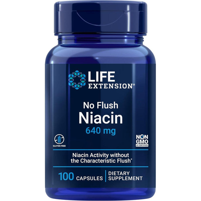 Life Extension No Flush Niacin 640mg 100 capsules front bottle view for heart health support