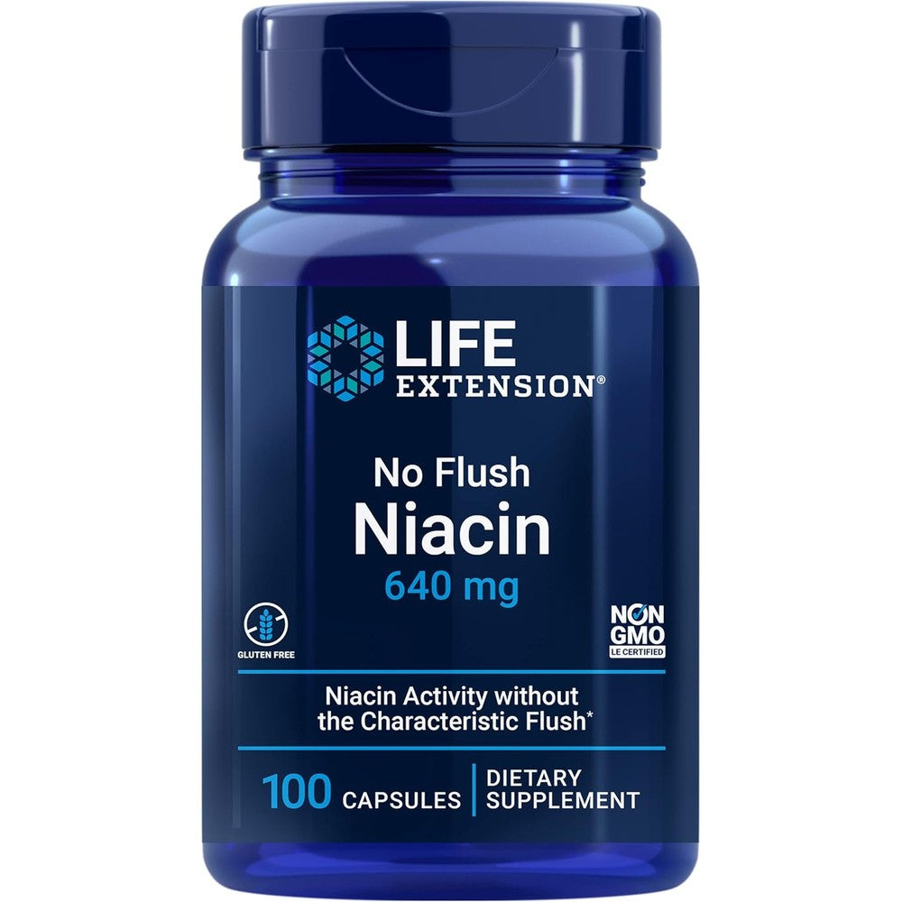 Life Extension No Flush Niacin 640mg 100 capsules front bottle view for heart health support