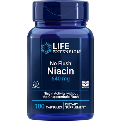 Life Extension No Flush Niacin 640mg 100 capsules front bottle view for heart health support