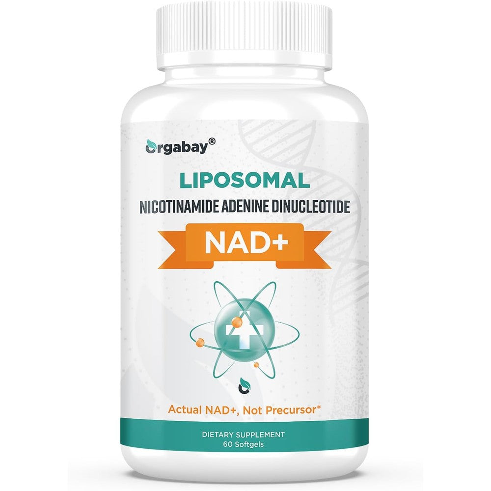 Orgabay Liposomal NAD supplement bottle front view detailing five hundred milligram dosage for cellular energy