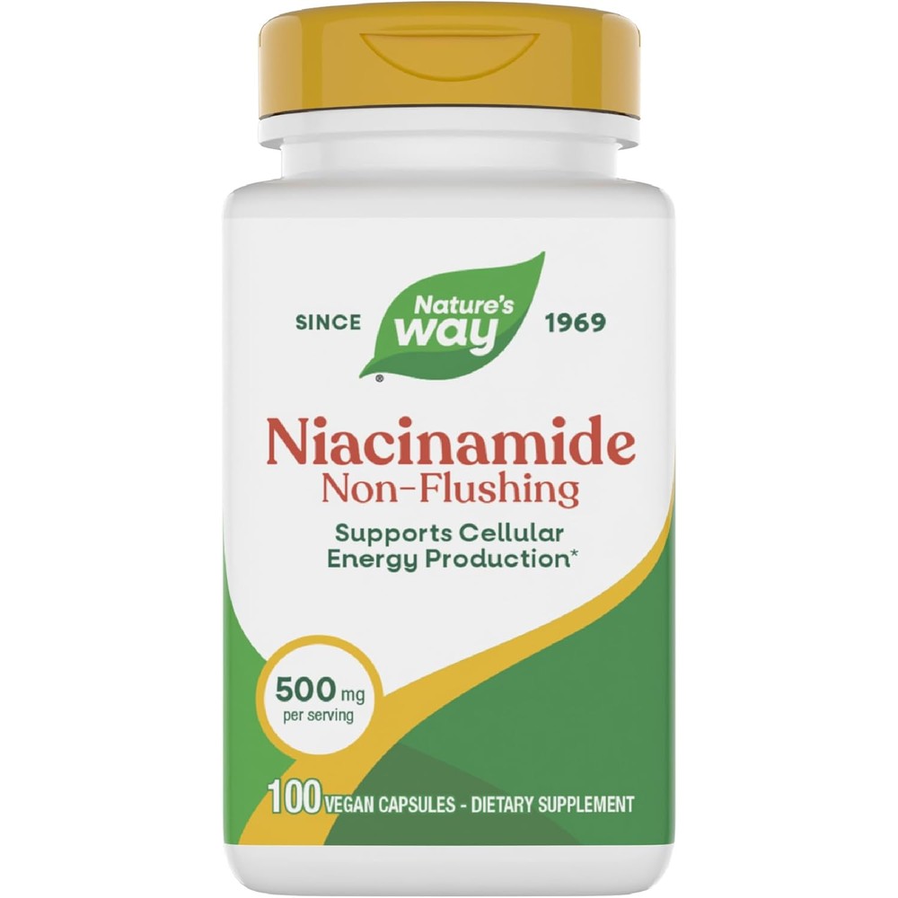 Nature's Way Niacinamide 500 mg 100 capsules front view showing vegan supplement bottle label