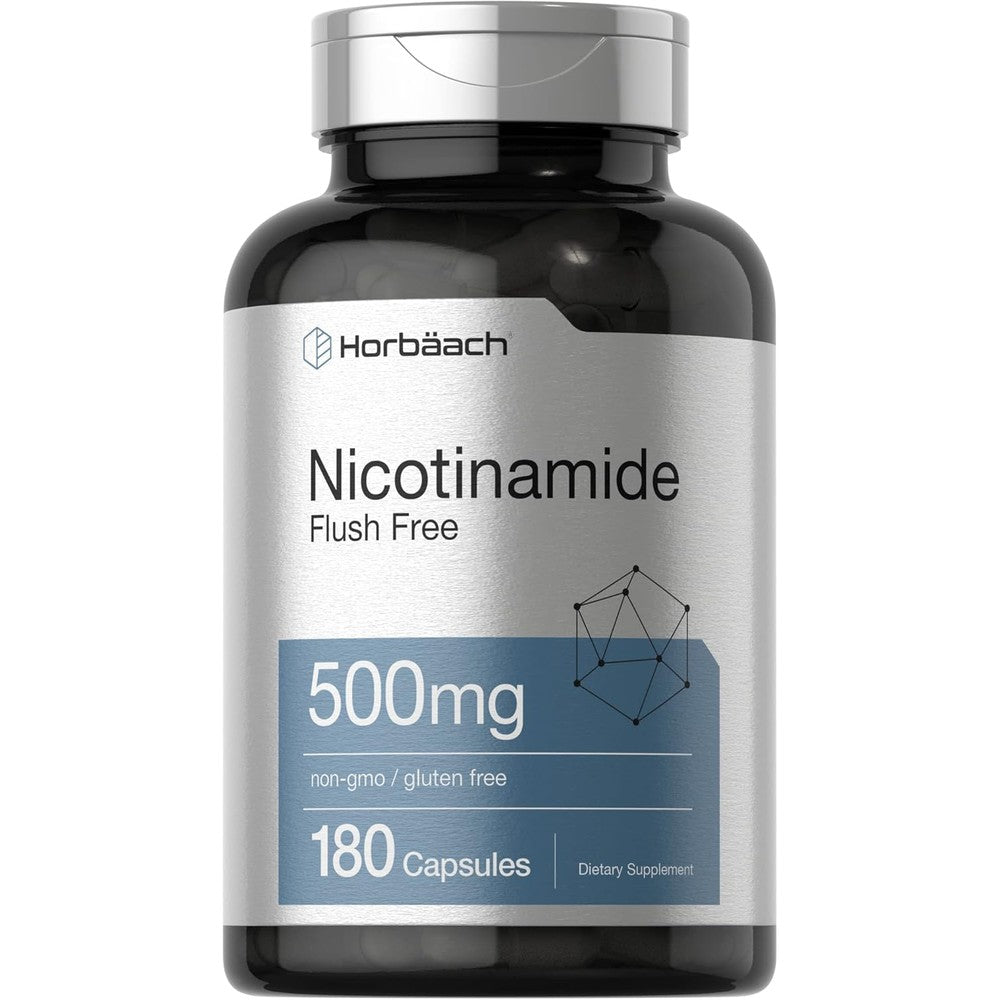 Horbäach Nicotinamide 500mg 180 capsules front view of premium dietary supplement bottle