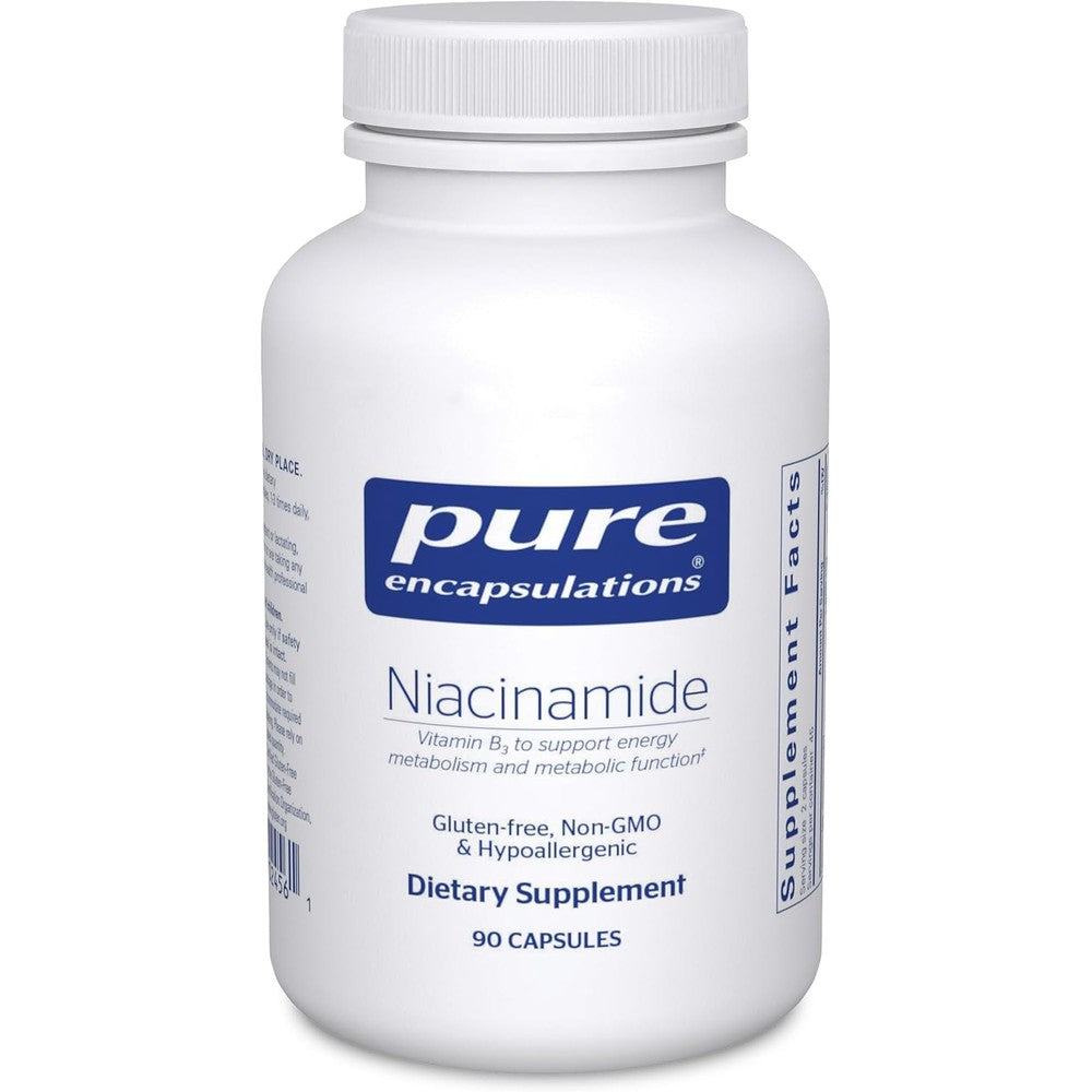 Pure Encapsulations Niacinamide 90 capsules bottle front view showing clean premium vitamin B3 supplement packaging.