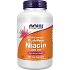 NOW Foods Niacin 500 mg Flush Free 180 Vegetarian Capsules front bottle view for cardiovascular support.