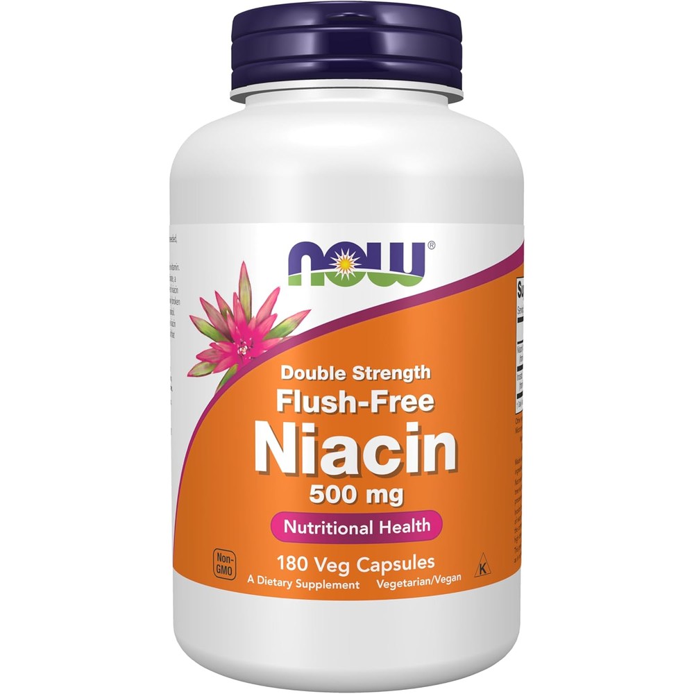 NOW Foods Niacin 500 mg Flush Free 180 Vegetarian Capsules front bottle view for cardiovascular support.