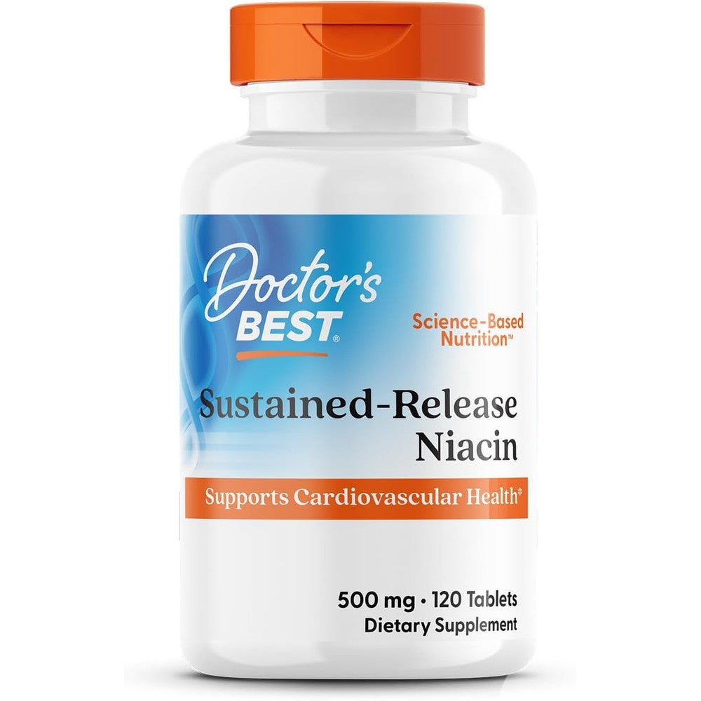 Doctor's Best Niacin 500 mg Extended Release 120 Tablets front view bottle for heart health support.