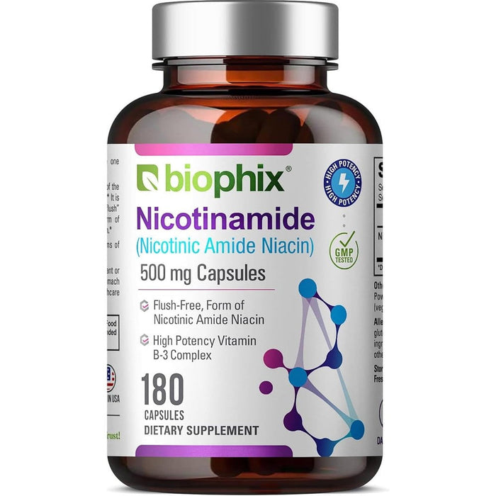 Biophix Nicotinamide 500mg 180 capsules front view showing original USA packaging.