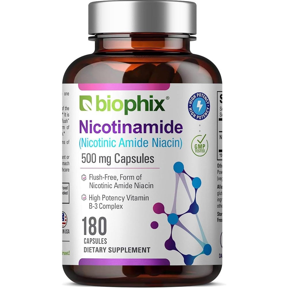 Biophix Nicotinamide 500mg 180 capsules front view showing original USA packaging.