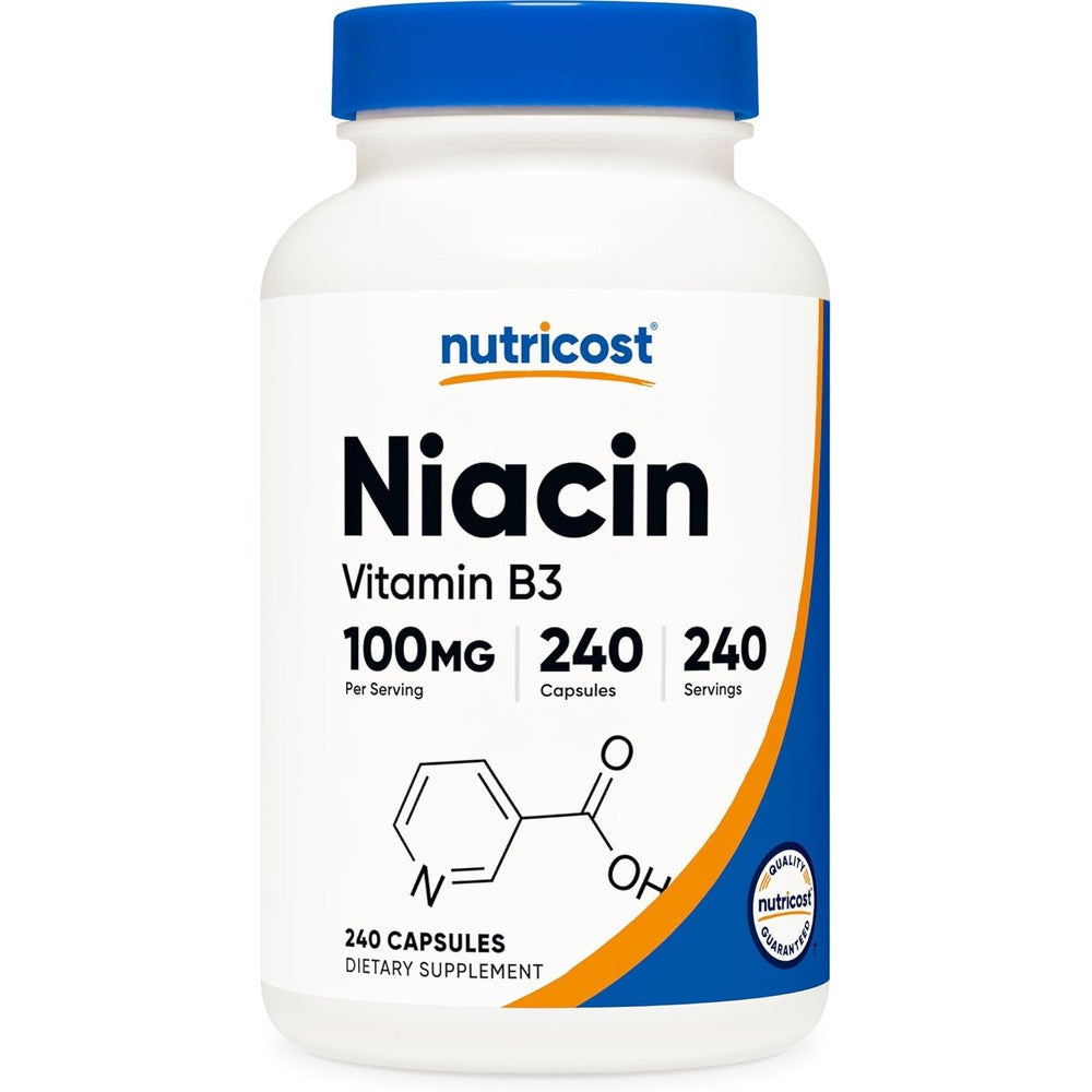 Nutricost Niacin Vitamin B3 100mg 240 capsules bottle front view showing authentic imported health supplement labeling