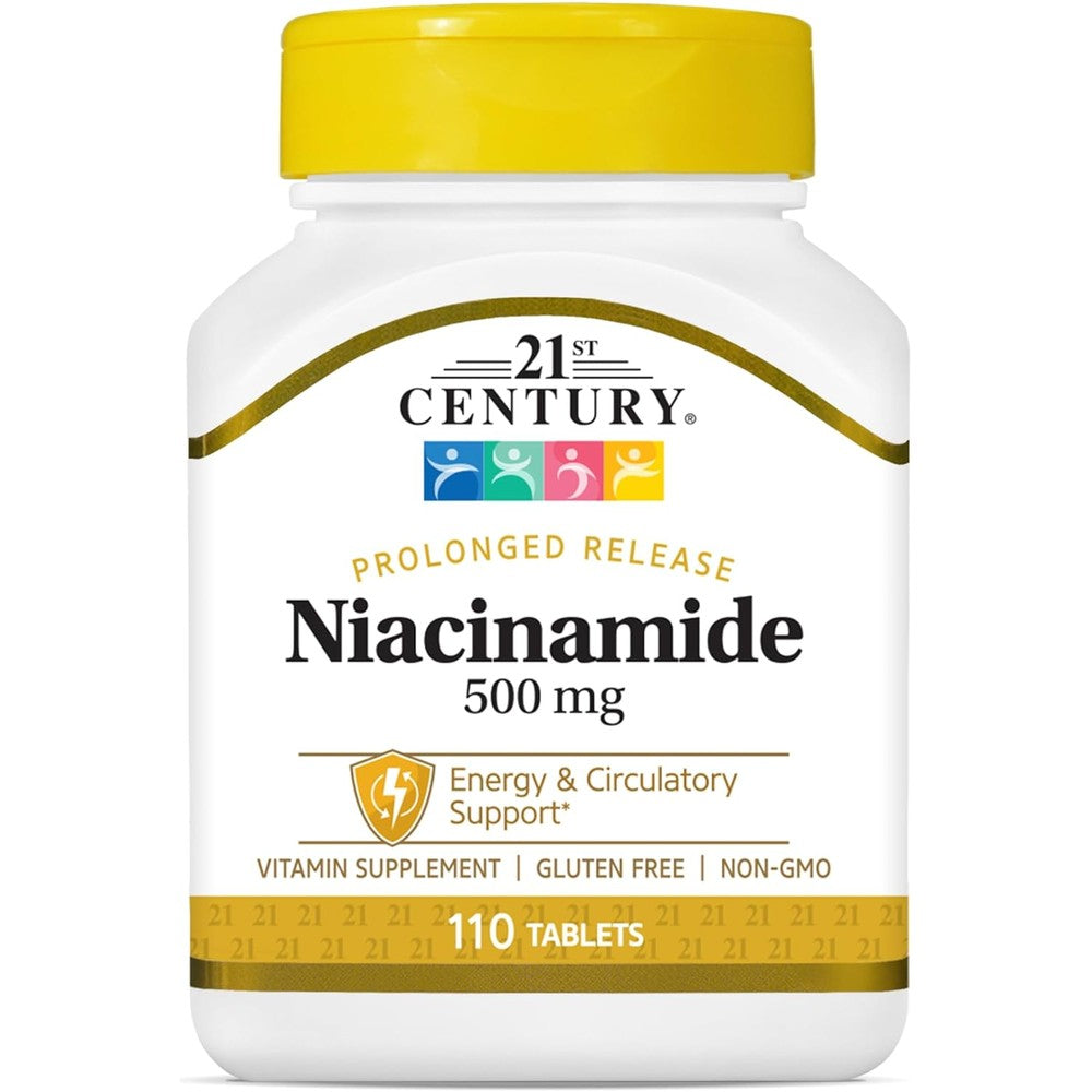 21st Century Niacinamide 500 mg prolonged release 110 vegan tablets front view bottle