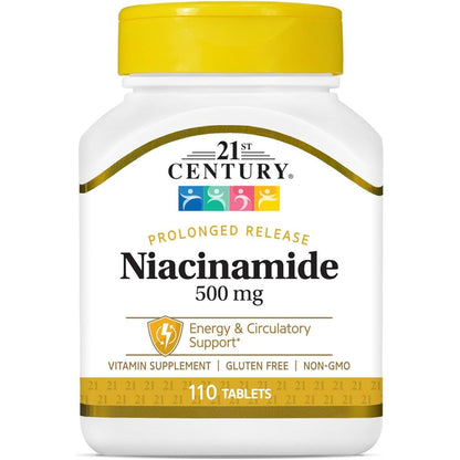 21st Century Niacinamide 500 mg prolonged release 110 vegan tablets front view bottle