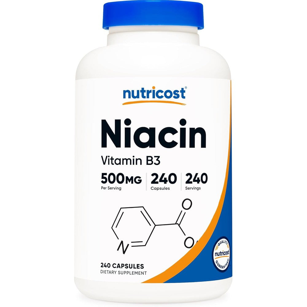 Nutricost Niacin Vitamin B3 500mg 240 capsules front bottle view for cardiovascular support