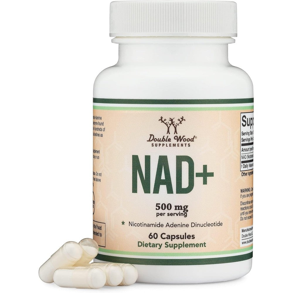 Double Wood Supplements NAD+ 500mg front view bottle for cellular regeneration