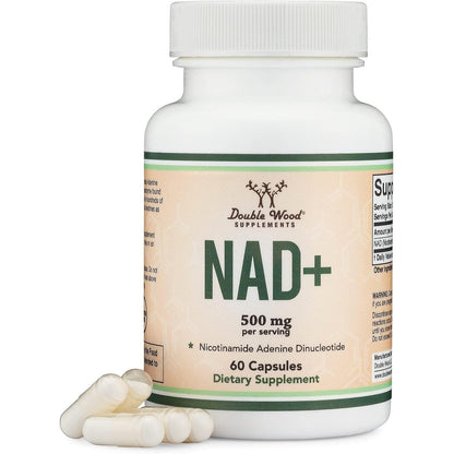 Double Wood Supplements NAD+ 500mg front view bottle for cellular regeneration