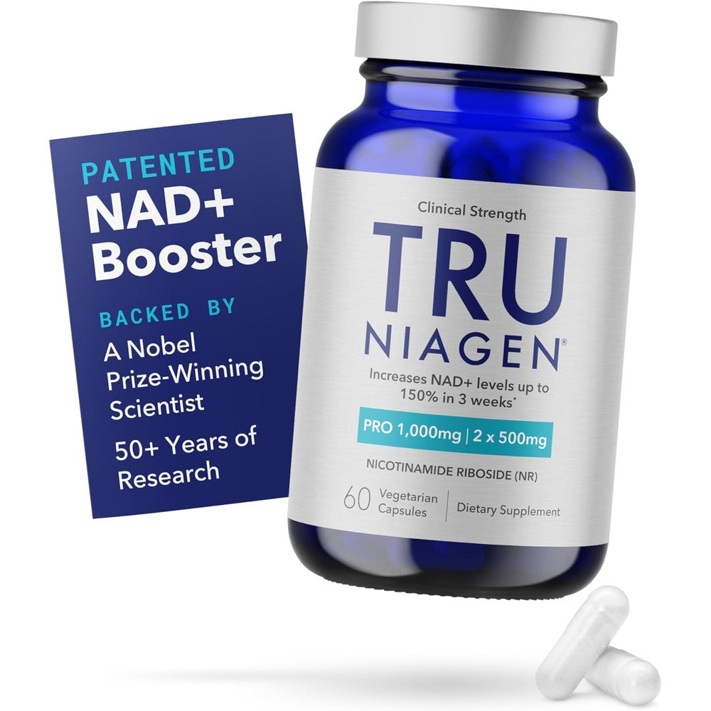Tru Niagen Pro 1000mg dietary supplement bottle front view for premium cellular anti aging support
