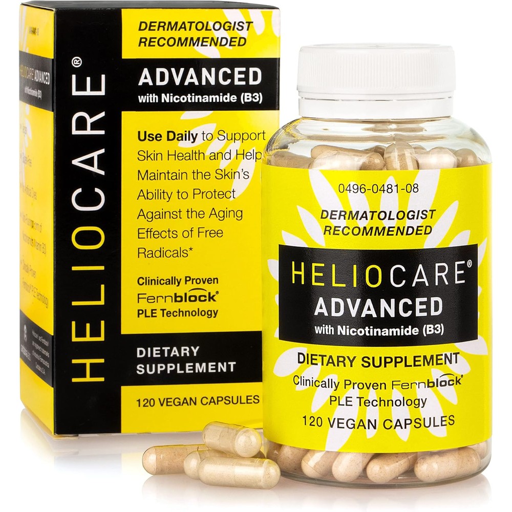Heliocare Advanced Niacin B3 Supplement 120 capsules front bottle view showing skin health benefits