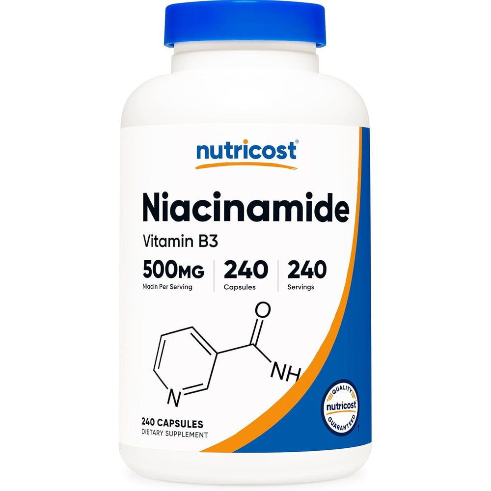 Nutricost Niacinamide Vitamin B3 500mg 240 Capsules front view bottle for skin health