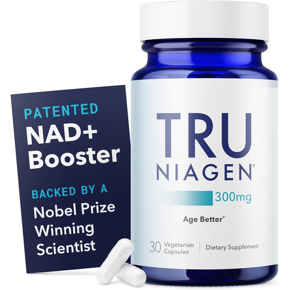 Tru Niagen 300mg NAD supplement front view showing 30 vegetarian capsules bottle