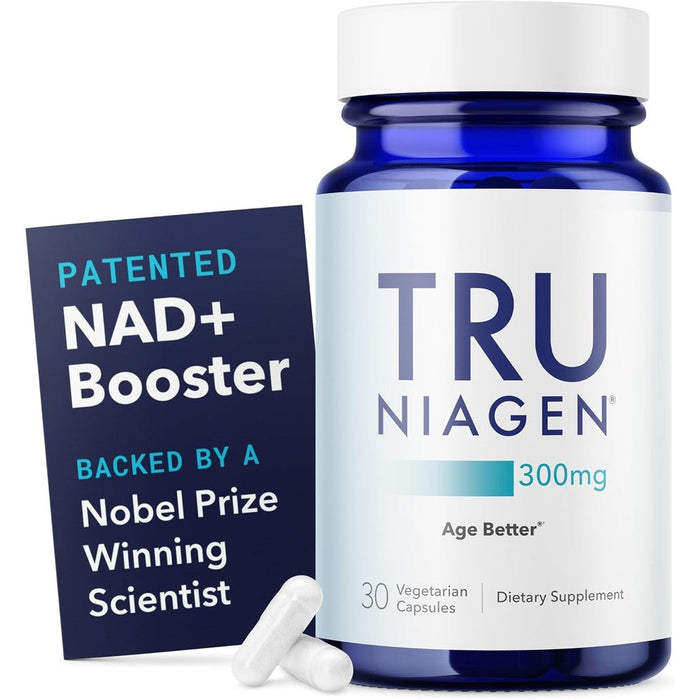 Tru Niagen 300mg NAD supplement front view showing 30 vegetarian capsules bottle