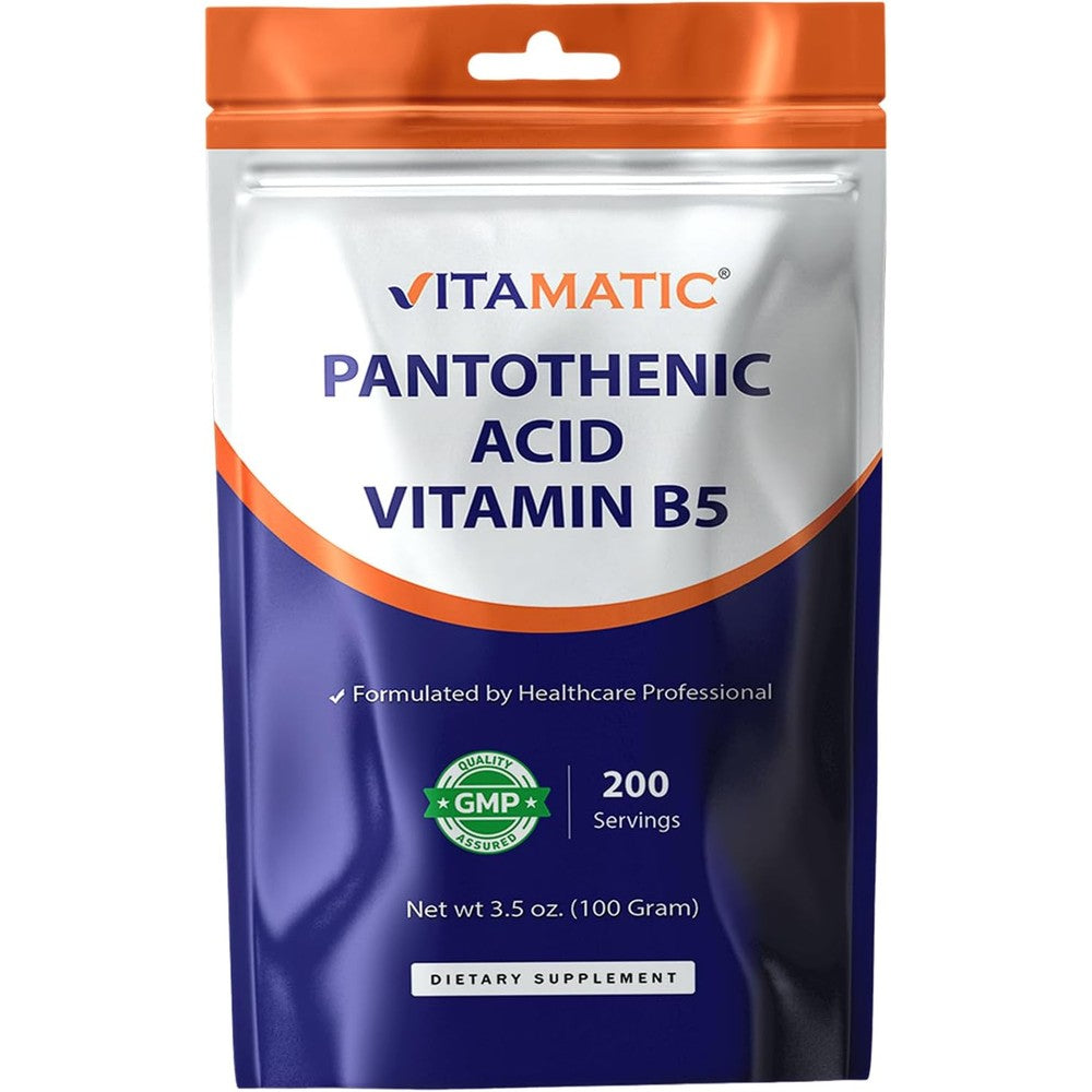 Vitamatic Pantothenic Acid Pure Powder Vitamin B5 front view packaging
