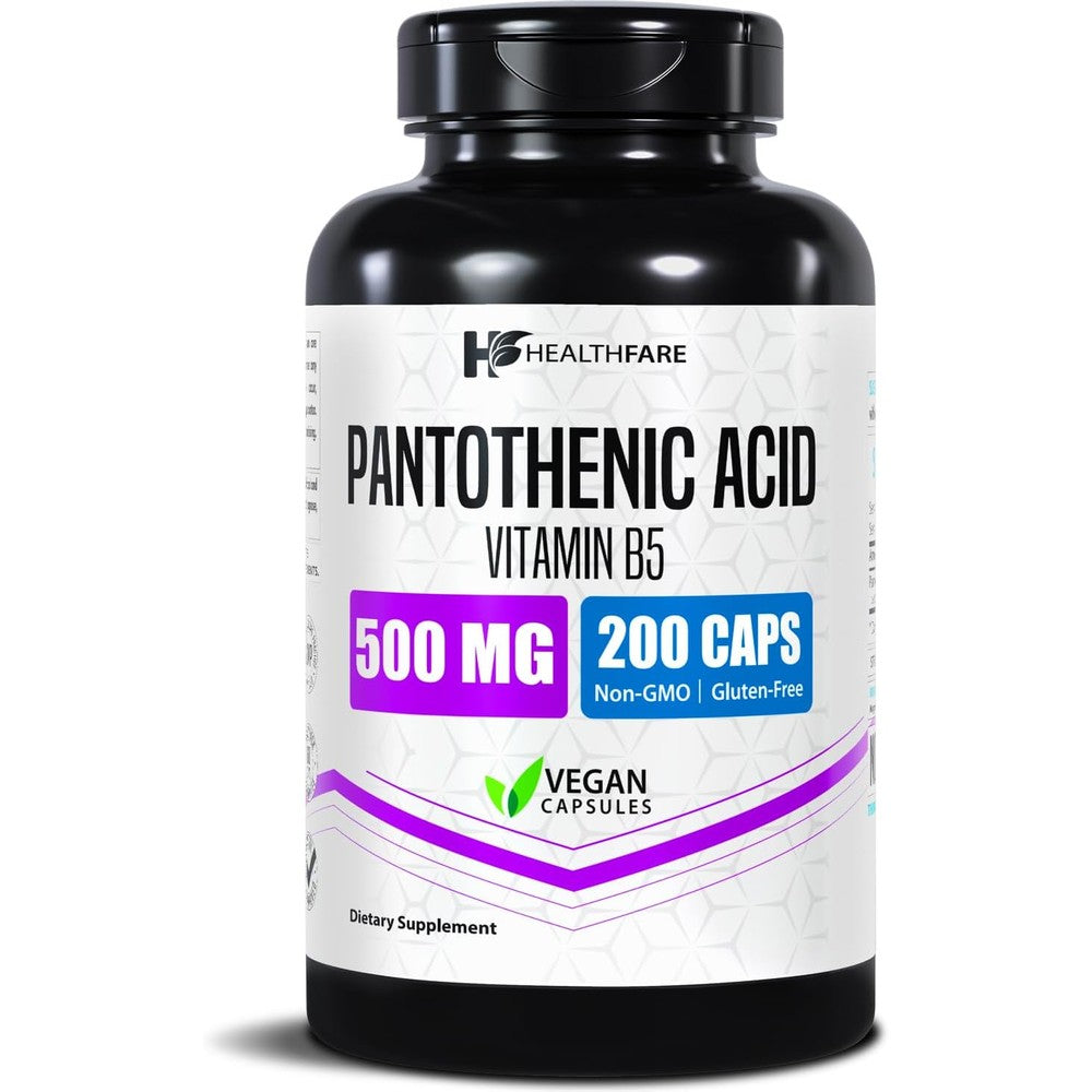 Healthfare Pantothenic Acid 500mg Vitamin B5 supplement bottle front view