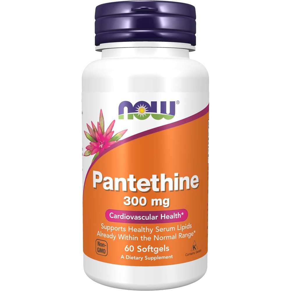 NOW Foods Pantethine 300mg 60 softgels front view bottle for cardiovascular support.