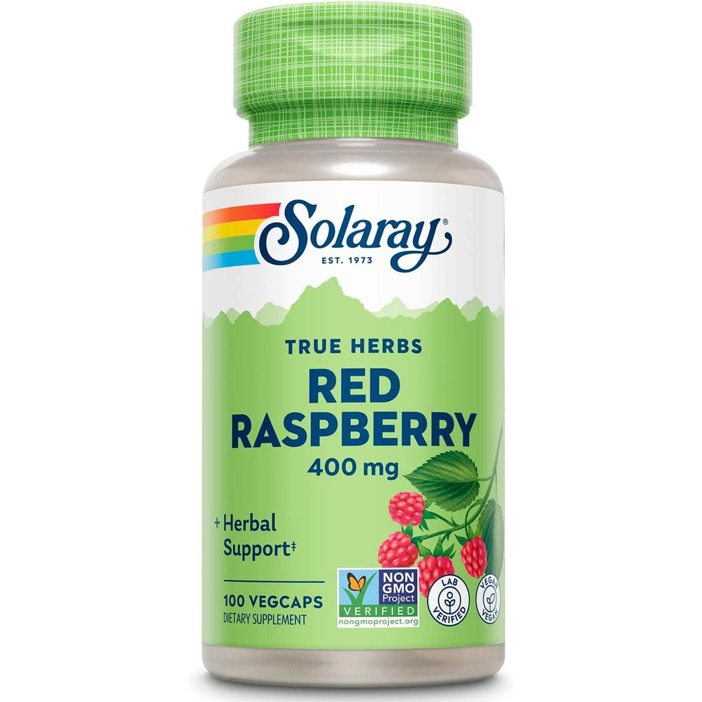 Solaray Red Raspberry Leaves 400mg 100 capsules front view bottle showing women health support labels