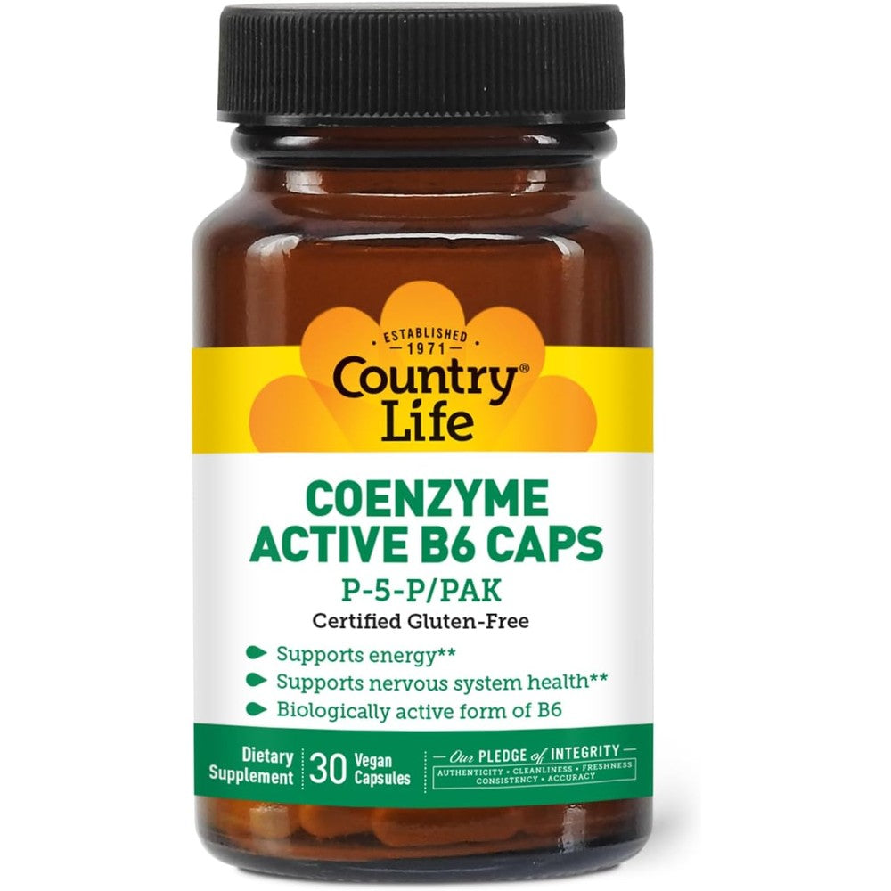 Country Life Coenzyme Active B6 50mg 30 vegetarian capsules front bottle view for daily energy support.