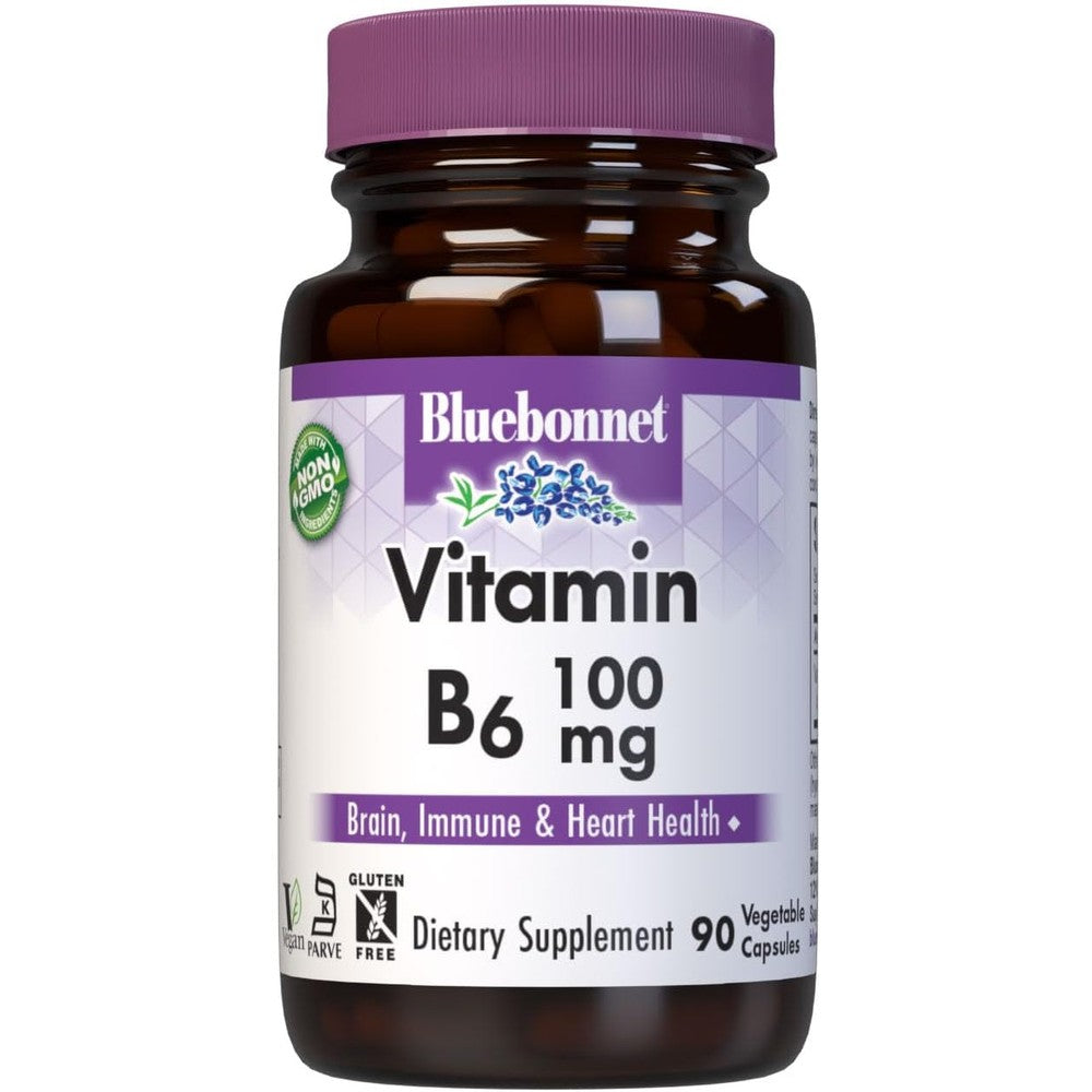 Bluebonnet Nutrition Vitamin B6 100mg front view showing 90 vegetable capsules bottle