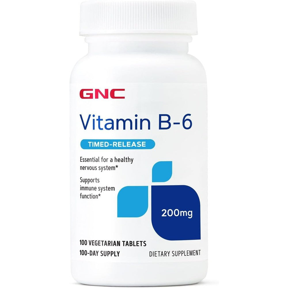 GNC Vitamin B6 200mg bottle front view featuring timed-release label