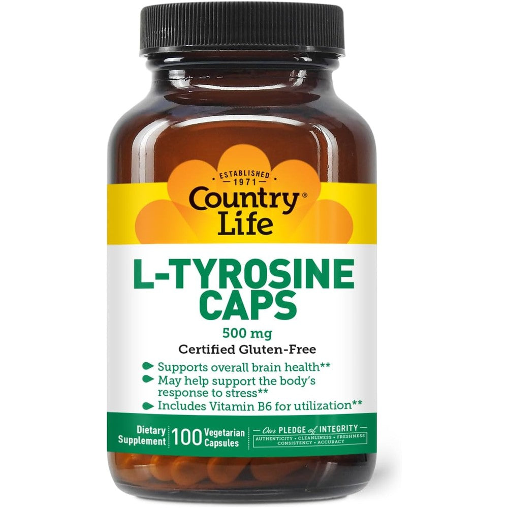 Country Life L Tyrosine 500mg with Vitamin B6 front bottle view for cognitive support