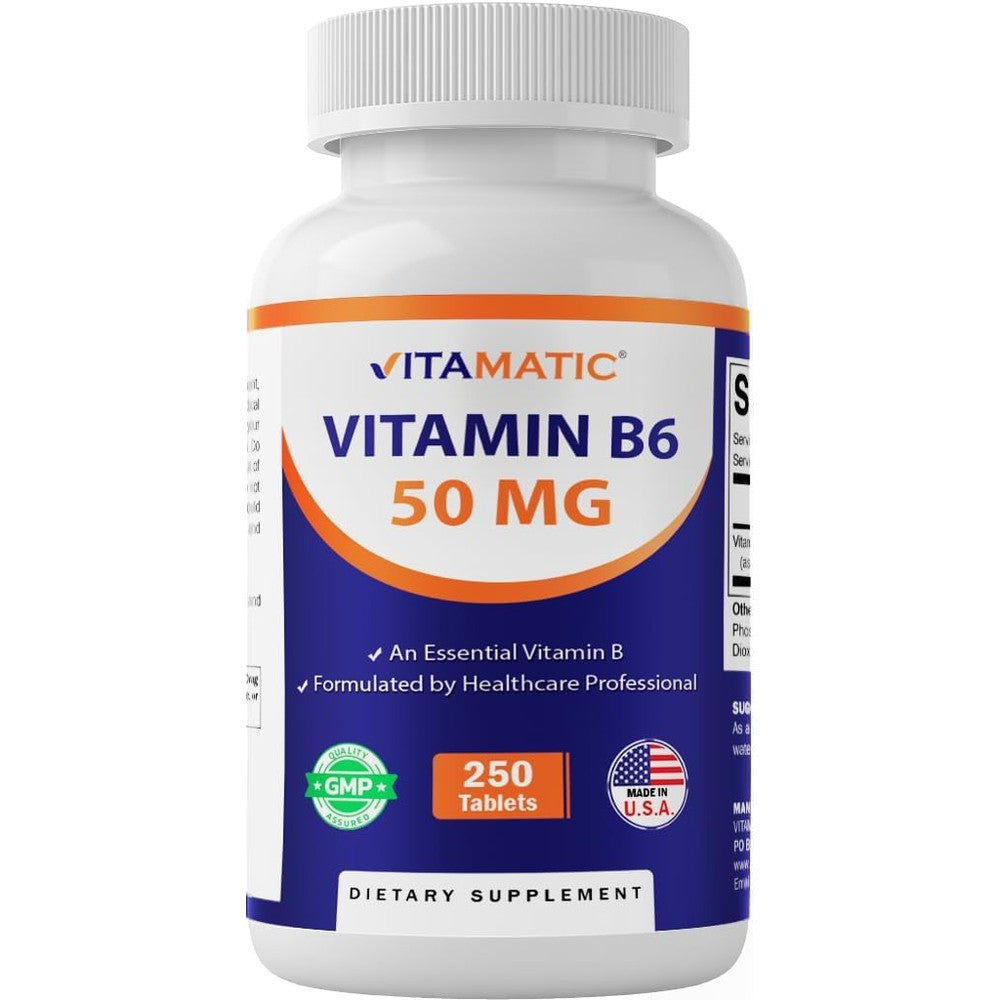 Vitamatic Vitamin B6 50 Milligrams 250 Vegetarian Tablets front view energy metabolism supplement.