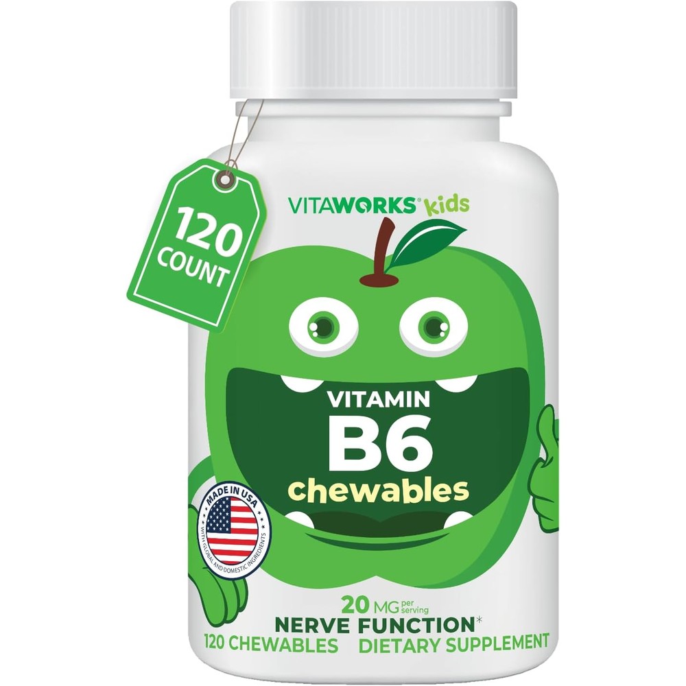 VitaWorks Kids Vitamin B6 20mg chewable tablets bottle front view