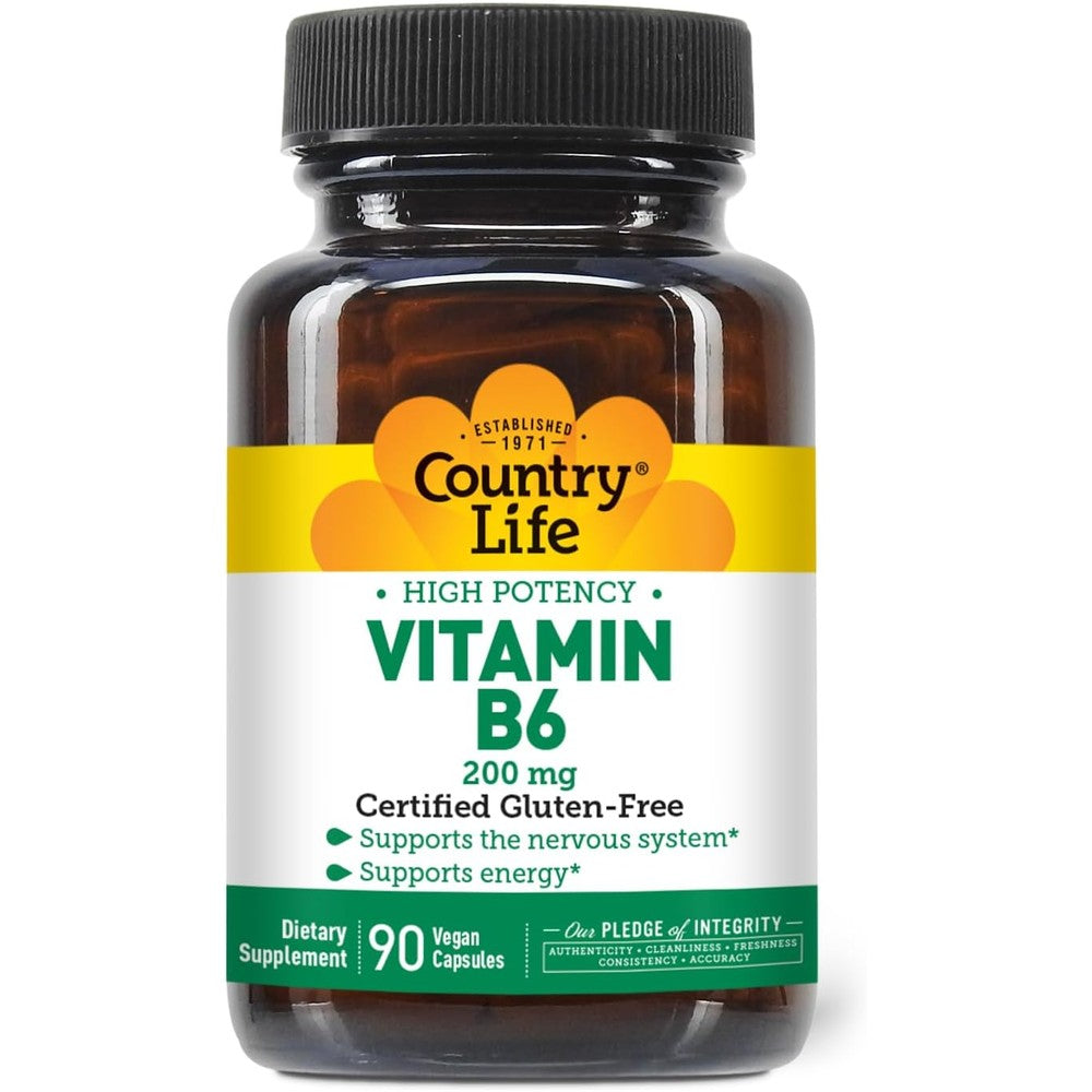 Country Life Vitamin B6 200mg 90 capsules front view bottle for energy metabolism