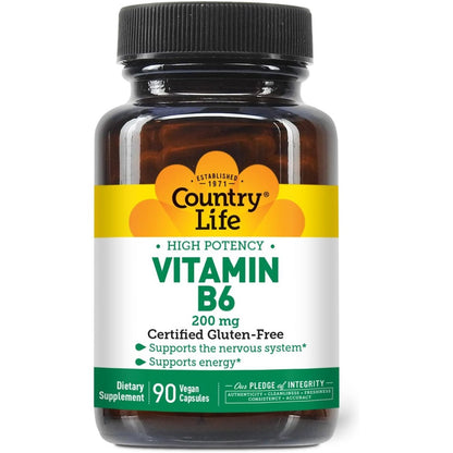 Country Life Vitamin B6 200mg 90 capsules front view bottle for energy metabolism