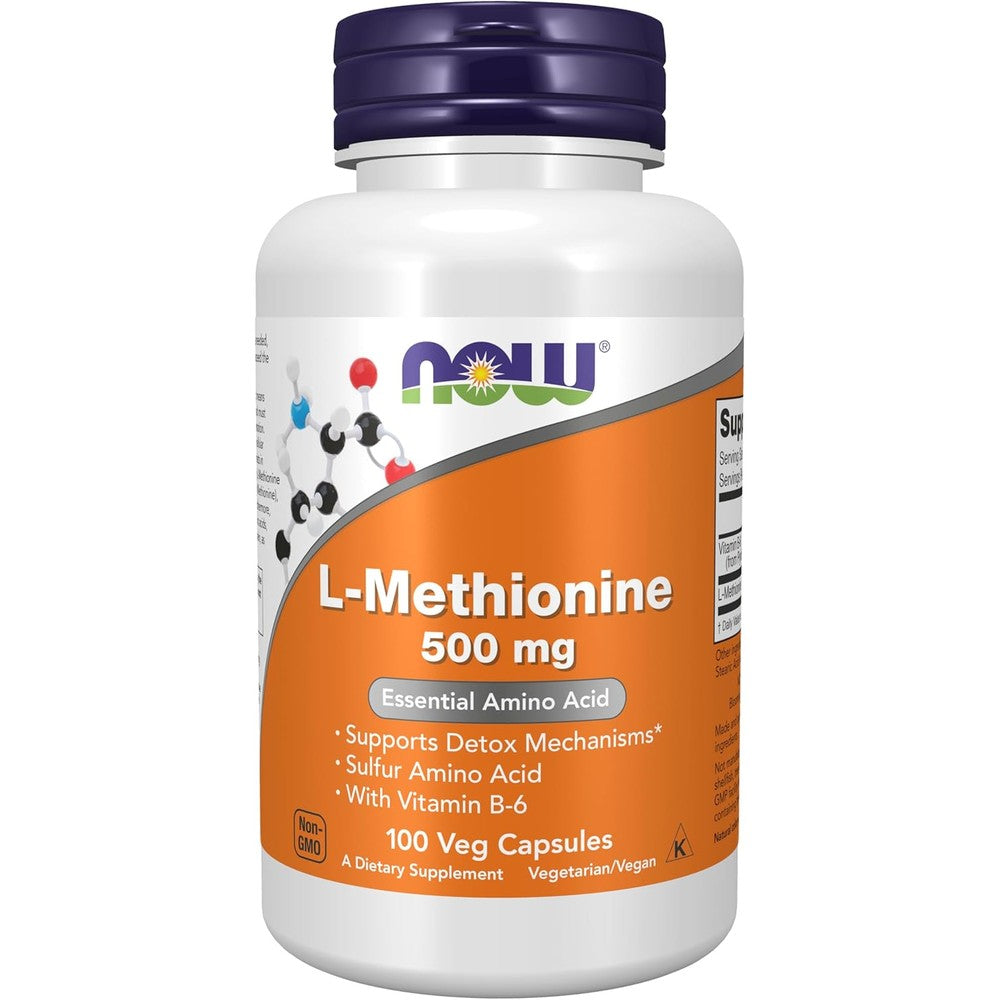 NOW Foods L-Methionine 500 Milligrams bottle front view showing 100 vegetarian capsules