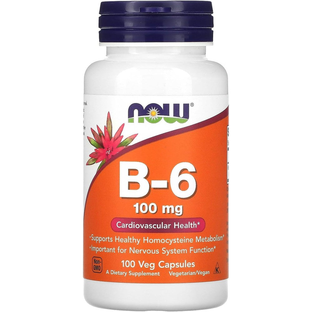 NOW Foods Vitamin B6 100 Milligrams 100 Vegetarian Capsules front bottle view for energy metabolism support.