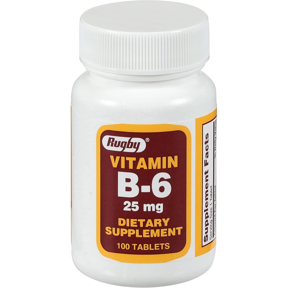 Rugby Vitamin B6 25mg tablets front bottle view