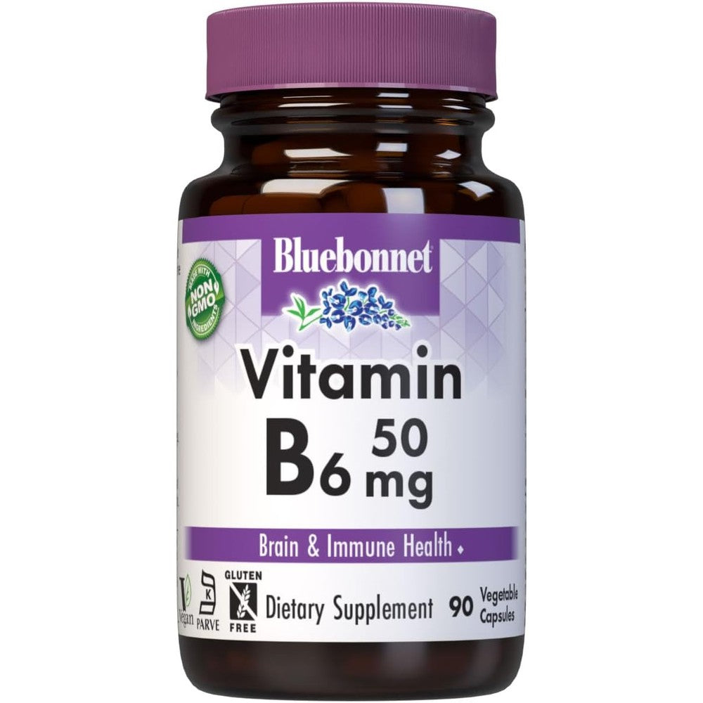 Bluebonnet Nutrition Vitamin B6 50mg 90 Vegetable Capsules front bottle view for energy metabolism supplement.