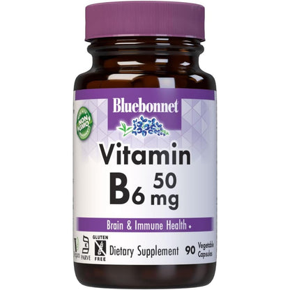 Bluebonnet Nutrition Vitamin B6 50mg 90 Vegetable Capsules front bottle view for energy metabolism supplement.